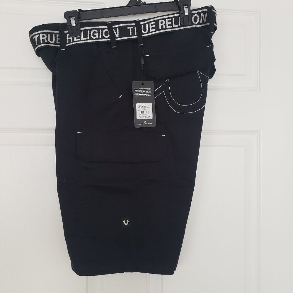 True Religion Belted Logo Cargo Shorts Flap Back Pockets Jet Black Size‎ 33 NWT